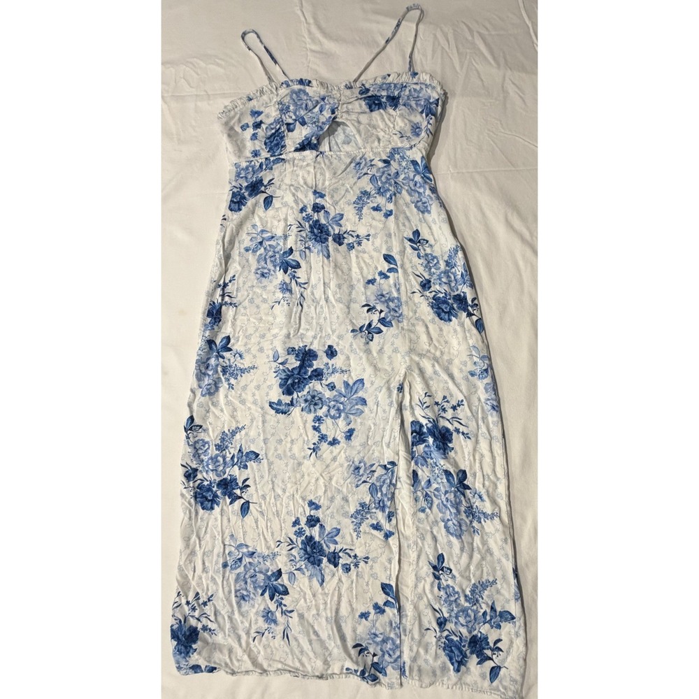 Zara Blue White Floral Midi Dress Cutout Front Slit XL Toile Print Smocked Back - Picture 1 of 6